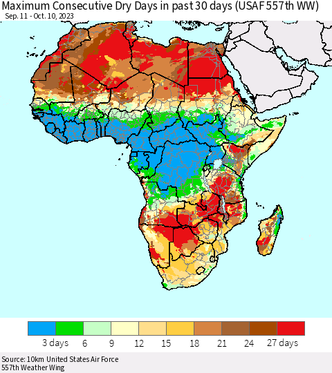 Africa Maximum Consecutive Dry Days in past 30 days (USAF 557th WW) 10/10/2023 Thematic Map For 10/6/2023 - 10/10/2023