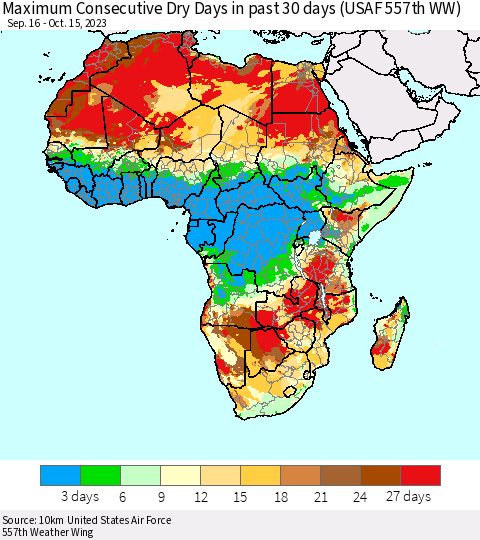 Africa Maximum Consecutive Dry Days in past 30 days (USAF 557th WW) 10/15/2023 Thematic Map For 10/11/2023 - 10/15/2023