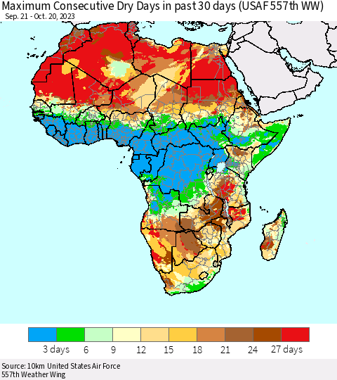Africa Maximum Consecutive Dry Days in past 30 days (USAF 557th WW) 10/20/2023 Thematic Map For 10/16/2023 - 10/20/2023