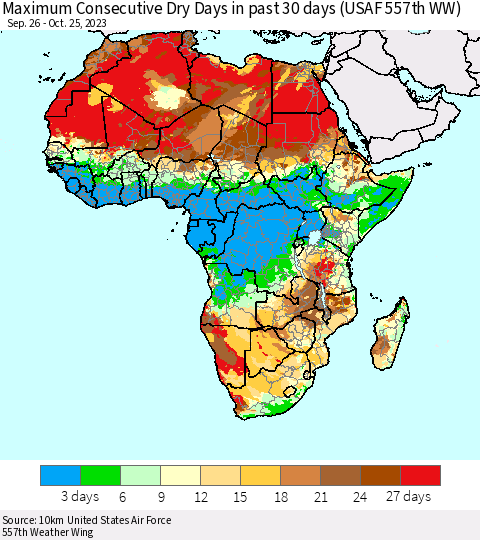 Africa Maximum Consecutive Dry Days in past 30 days (USAF 557th WW) 10/25/2023 Thematic Map For 10/21/2023 - 10/25/2023