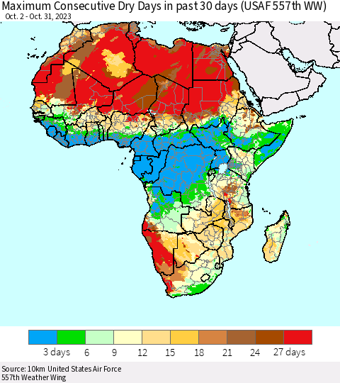 Africa Maximum Consecutive Dry Days in past 30 days (USAF 557th WW) 10/31/2023 Thematic Map For 10/26/2023 - 10/31/2023