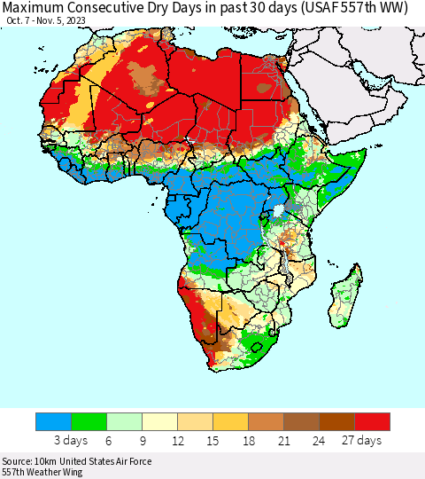 Africa Maximum Consecutive Dry Days in past 30 days (USAF 557th WW) 11/05/2023 Thematic Map For 11/1/2023 - 11/5/2023
