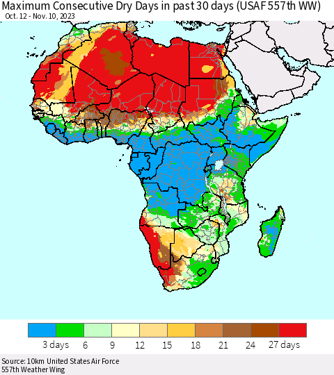 Africa Maximum Consecutive Dry Days in past 30 days (USAF 557th WW) 11/10/2023 Thematic Map For 11/6/2023 - 11/10/2023