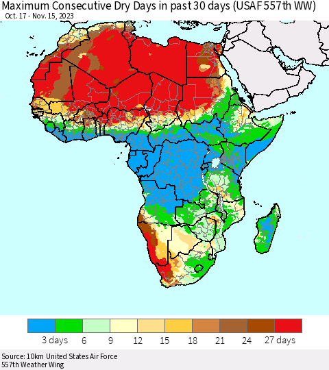 Africa Maximum Consecutive Dry Days in past 30 days (USAF 557th WW) 11/15/2023 Thematic Map For 11/11/2023 - 11/15/2023