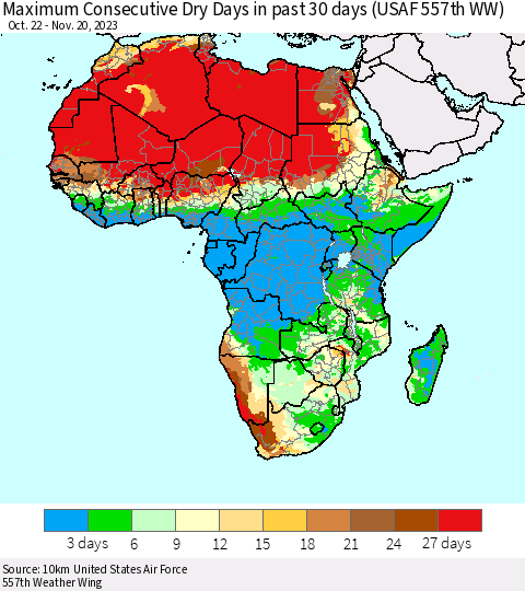 Africa Maximum Consecutive Dry Days in past 30 days (USAF 557th WW) 11/20/2023 Thematic Map For 11/16/2023 - 11/20/2023