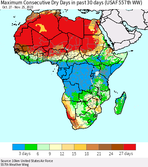 Africa Maximum Consecutive Dry Days in past 30 days (USAF 557th WW) 11/25/2023 Thematic Map For 11/21/2023 - 11/25/2023
