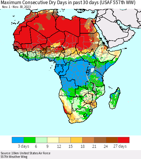 Africa Maximum Consecutive Dry Days in past 30 days (USAF 557th WW) 11/30/2023 Thematic Map For 11/26/2023 - 11/30/2023