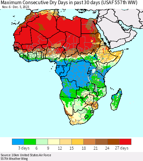 Africa Maximum Consecutive Dry Days in past 30 days (USAF 557th WW) 12/05/2023 Thematic Map For 12/1/2023 - 12/5/2023