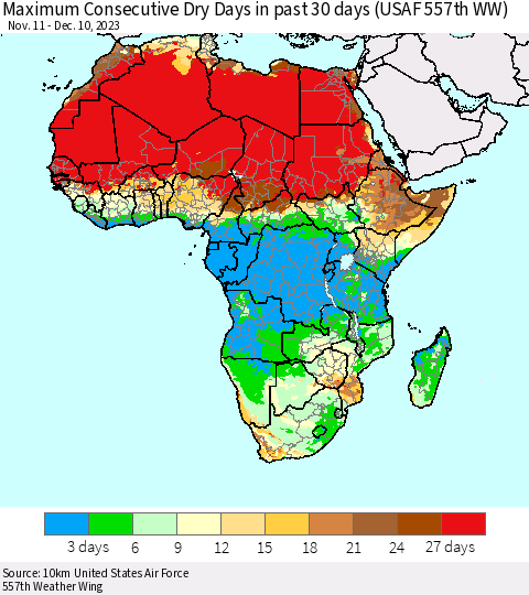 Africa Maximum Consecutive Dry Days in past 30 days (USAF 557th WW) 12/10/2023 Thematic Map For 12/6/2023 - 12/10/2023