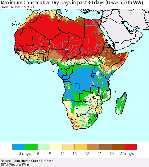Africa Maximum Consecutive Dry Days in past 30 days (USAF 557th WW) 12/15/2023 Thematic Map For 12/11/2023 - 12/15/2023