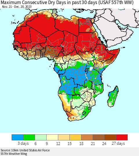 Africa Maximum Consecutive Dry Days in past 30 days (USAF 557th WW) 12/20/2023 Thematic Map For 12/16/2023 - 12/20/2023