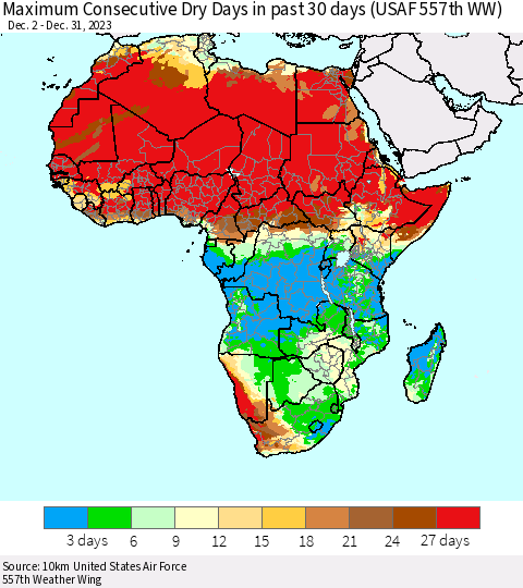 Africa Maximum Consecutive Dry Days in past 30 days (USAF 557th WW) 12/31/2023 Thematic Map For 12/26/2023 - 12/31/2023