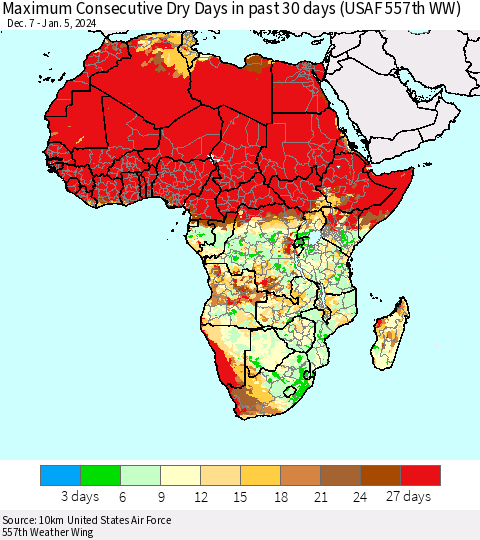 Africa Maximum Consecutive Dry Days in past 30 days (USAF 557th WW) 01/05/2024 Thematic Map For 1/1/2024 - 1/5/2024