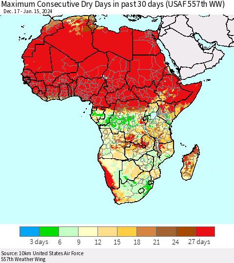Africa Maximum Consecutive Dry Days in past 30 days (USAF 557th WW) 01/15/2024 Thematic Map For 1/11/2024 - 1/15/2024