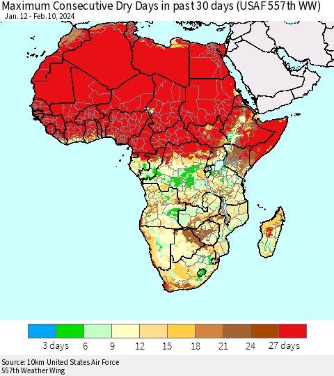 Africa Maximum Consecutive Dry Days in past 30 days (USAF 557th WW) 02/10/2024 Thematic Map For 2/6/2024 - 2/10/2024