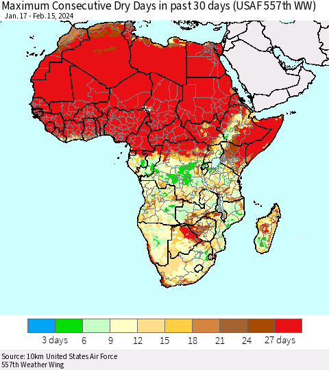 Africa Maximum Consecutive Dry Days in past 30 days (USAF 557th WW) 02/15/2024 Thematic Map For 2/11/2024 - 2/15/2024