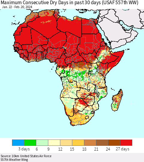 Africa Maximum Consecutive Dry Days in past 30 days (USAF 557th WW) 02/20/2024 Thematic Map For 2/16/2024 - 2/20/2024