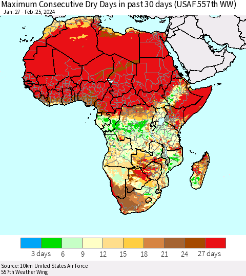 Africa Maximum Consecutive Dry Days in past 30 days (USAF 557th WW) 02/25/2024 Thematic Map For 2/21/2024 - 2/25/2024