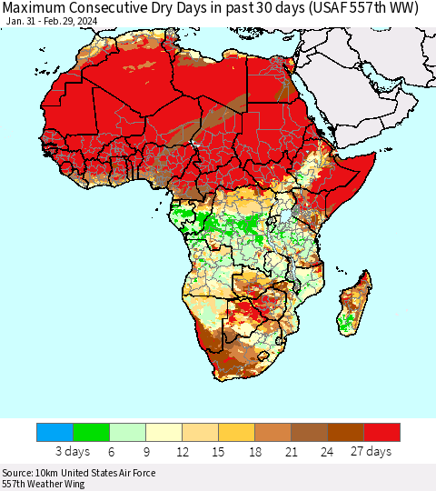 Africa Maximum Consecutive Dry Days in past 30 days (USAF 557th WW) 02/29/2024 Thematic Map For 2/26/2024 - 2/29/2024