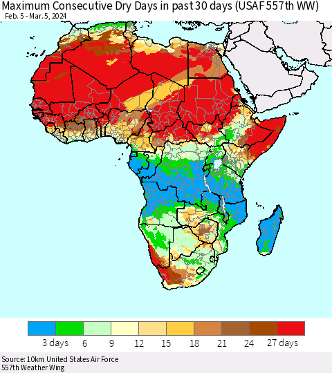 Africa Maximum Consecutive Dry Days in past 30 days (USAF 557th WW) 03/05/2024 Thematic Map For 3/1/2024 - 3/5/2024