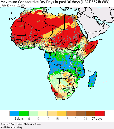 Africa Maximum Consecutive Dry Days in past 30 days (USAF 557th WW) 03/10/2024 Thematic Map For 3/6/2024 - 3/10/2024
