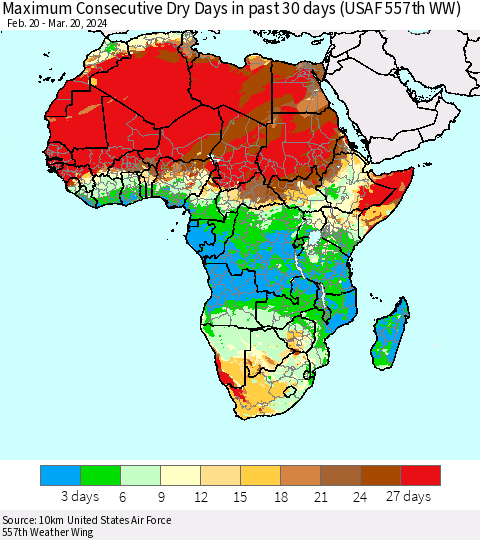 Africa Maximum Consecutive Dry Days in past 30 days (USAF 557th WW) 03/20/2024 Thematic Map For 3/16/2024 - 3/20/2024