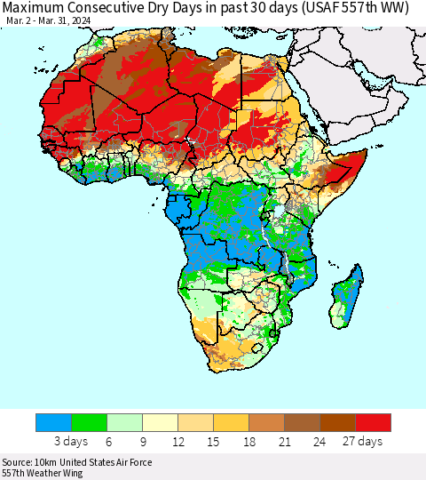 Africa Maximum Consecutive Dry Days in past 30 days (USAF 557th WW) 03/31/2024 Thematic Map For 3/26/2024 - 3/31/2024