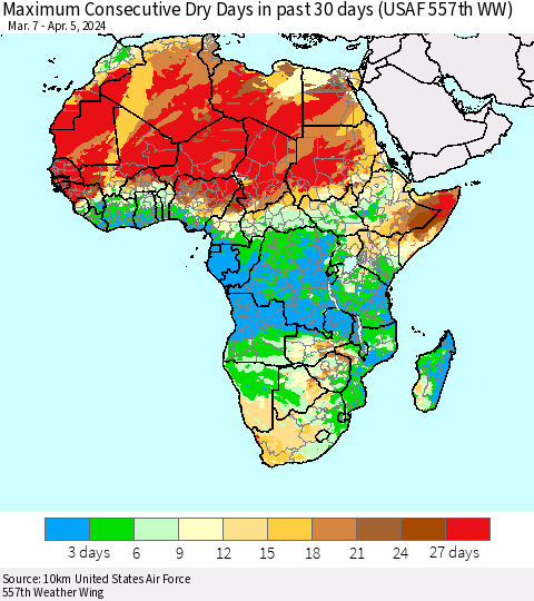 Africa Maximum Consecutive Dry Days in past 30 days (USAF 557th WW) 04/05/2024 Thematic Map For 4/1/2024 - 4/5/2024