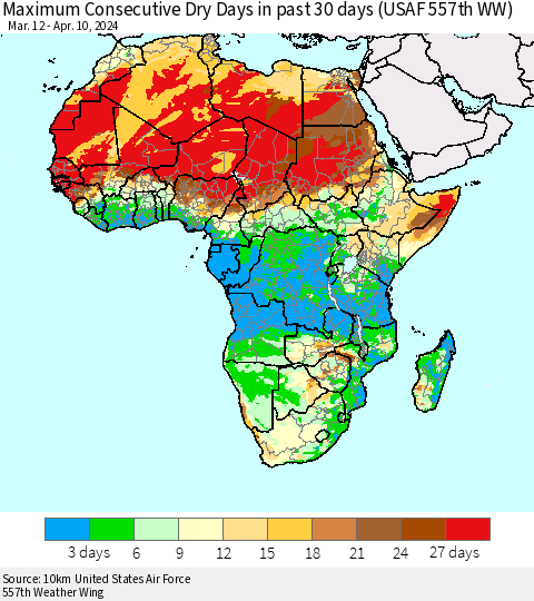 Africa Maximum Consecutive Dry Days in past 30 days (USAF 557th WW) 04/10/2024 Thematic Map For 4/6/2024 - 4/10/2024