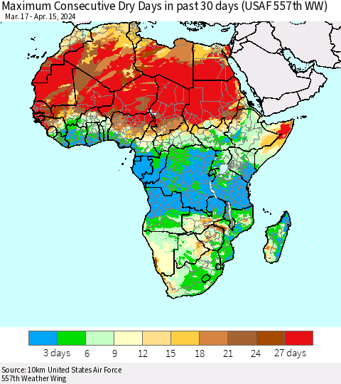 Africa Maximum Consecutive Dry Days in past 30 days (USAF 557th WW) 04/15/2024 Thematic Map For 4/11/2024 - 4/15/2024