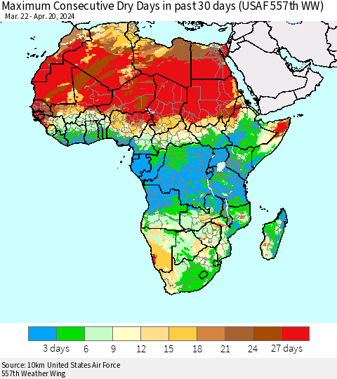 Africa Maximum Consecutive Dry Days in past 30 days (USAF 557th WW) 04/20/2024 Thematic Map For 4/16/2024 - 4/20/2024