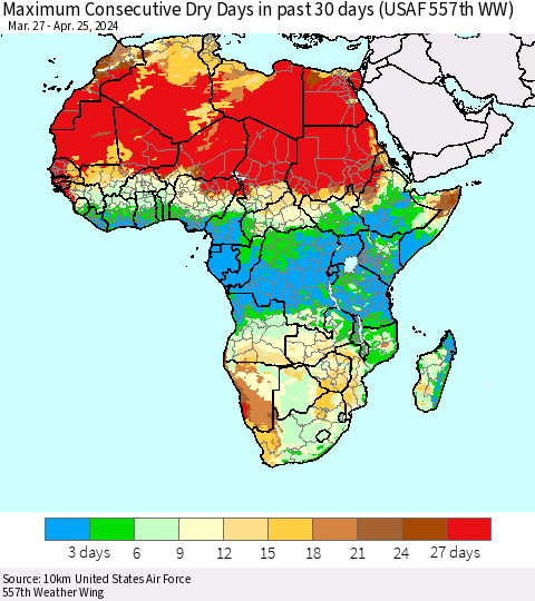 Africa Maximum Consecutive Dry Days in past 30 days (USAF 557th WW) 04/25/2024 Thematic Map For 4/21/2024 - 4/25/2024