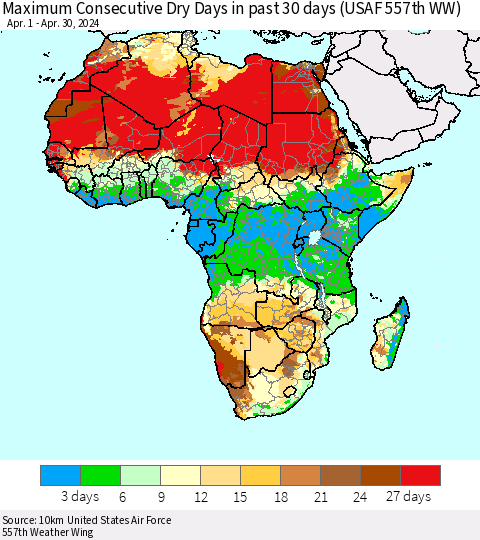 Africa Maximum Consecutive Dry Days in past 30 days (USAF 557th WW) 04/30/2024 Thematic Map For 4/26/2024 - 4/30/2024