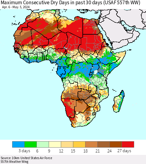 Africa Maximum Consecutive Dry Days in past 30 days (USAF 557th WW) 05/05/2024 Thematic Map For 5/1/2024 - 5/5/2024