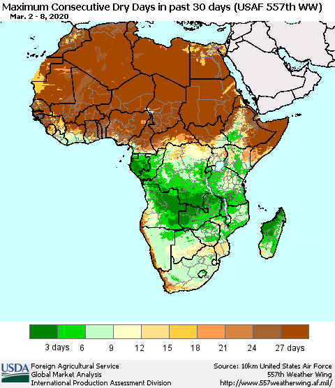 Africa Maximum Consecutive Dry Days in past 30 days (USAF 557th WW) 03/08/2020 Thematic Map For 3/2/2020 - 3/8/2020