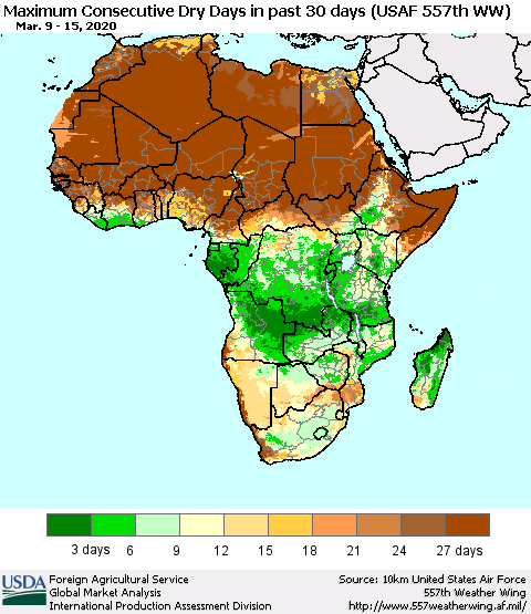 Africa Maximum Consecutive Dry Days in past 30 days (USAF 557th WW) 03/15/2020 Thematic Map For 3/9/2020 - 3/15/2020