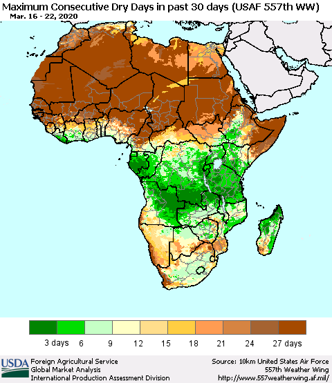 Africa Maximum Consecutive Dry Days in past 30 days (USAF 557th WW) 03/22/2020 Thematic Map For 3/16/2020 - 3/22/2020