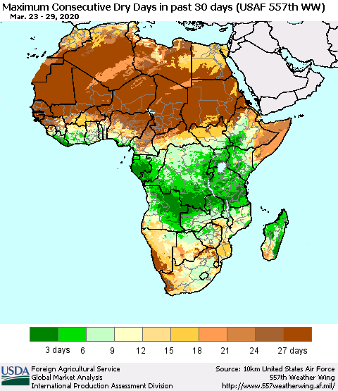 Africa Maximum Consecutive Dry Days in past 30 days (USAF 557th WW) 03/29/2020 Thematic Map For 3/23/2020 - 3/29/2020
