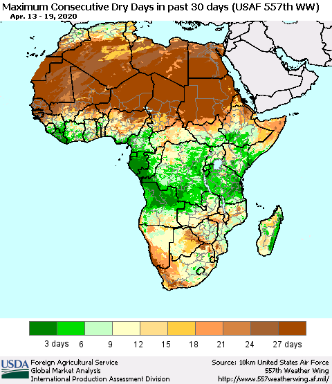 Africa Maximum Consecutive Dry Days in past 30 days (USAF 557th WW) 04/19/2020 Thematic Map For 4/13/2020 - 4/19/2020