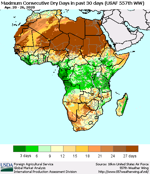 Africa Maximum Consecutive Dry Days in past 30 days (USAF 557th WW) 04/26/2020 Thematic Map For 4/20/2020 - 4/26/2020