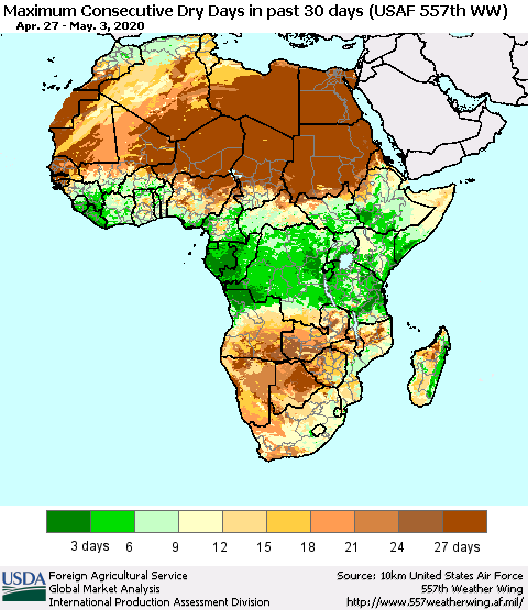 Africa Maximum Consecutive Dry Days in past 30 days (USAF 557th WW) 05/03/2020 Thematic Map For 4/27/2020 - 5/3/2020