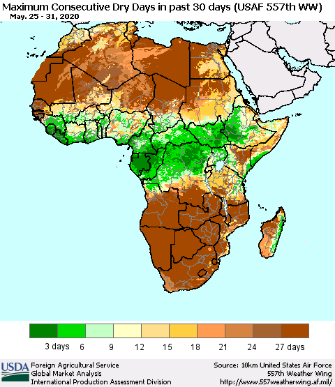 Africa Maximum Consecutive Dry Days in past 30 days (USAF 557th WW) 05/31/2020 Thematic Map For 5/25/2020 - 5/31/2020