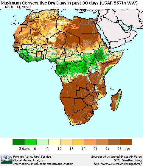 Africa Maximum Consecutive Dry Days in past 30 days (USAF 557th WW) 06/14/2020 Thematic Map For 6/8/2020 - 6/14/2020