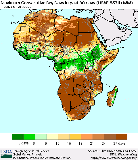 Africa Maximum Consecutive Dry Days in past 30 days (USAF 557th WW) 06/21/2020 Thematic Map For 6/15/2020 - 6/21/2020