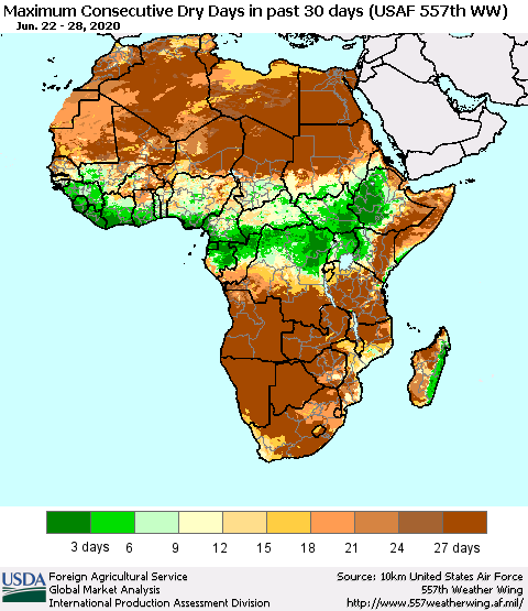 Africa Maximum Consecutive Dry Days in past 30 days (USAF 557th WW) 06/28/2020 Thematic Map For 6/22/2020 - 6/28/2020
