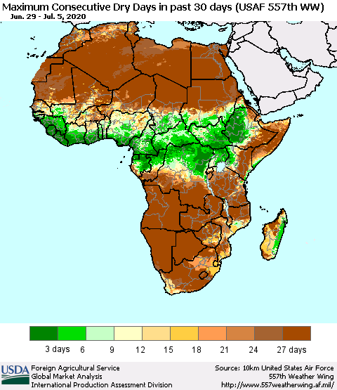 Africa Maximum Consecutive Dry Days in past 30 days (USAF 557th WW) 07/05/2020 Thematic Map For 6/29/2020 - 7/5/2020