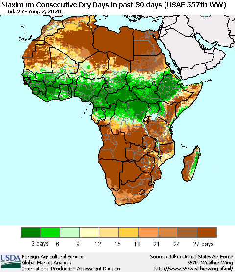 Africa Maximum Consecutive Dry Days in past 30 days (USAF 557th WW) 08/02/2020 Thematic Map For 7/27/2020 - 8/2/2020
