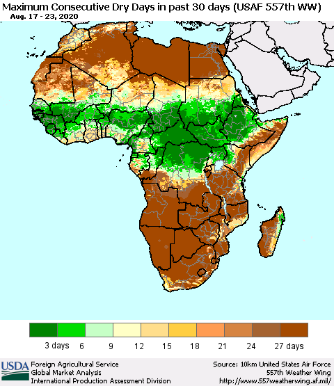 Africa Maximum Consecutive Dry Days in past 30 days (USAF 557th WW) 08/23/2020 Thematic Map For 8/17/2020 - 8/23/2020
