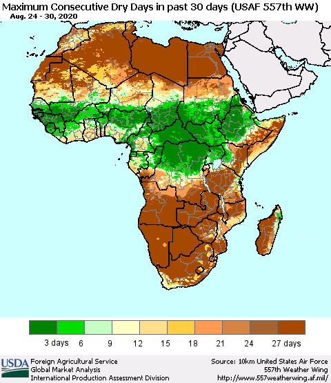 Africa Maximum Consecutive Dry Days in past 30 days (USAF 557th WW) 08/30/2020 Thematic Map For 8/24/2020 - 8/30/2020