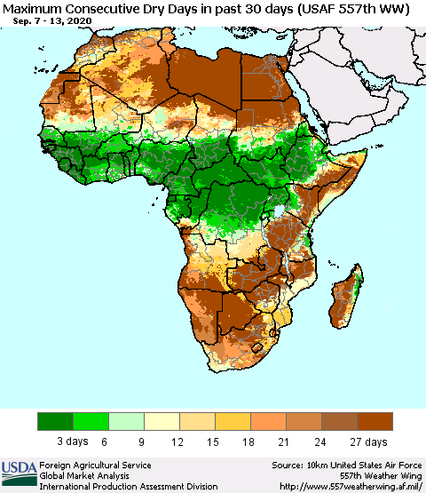 Africa Maximum Consecutive Dry Days in past 30 days (USAF 557th WW) 09/13/2020 Thematic Map For 9/7/2020 - 9/13/2020